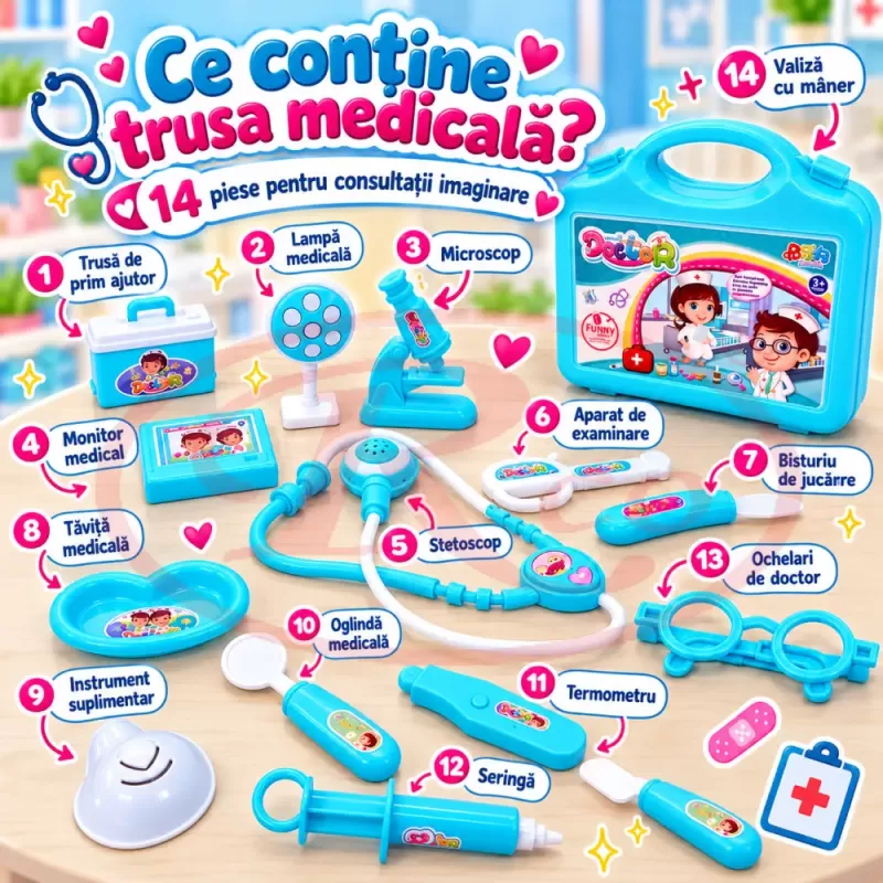 Trusa medicala de jucarie pentru copii, set doctor cu 14 piese, stetoscop si valiza