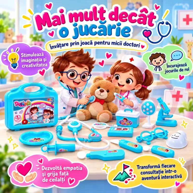 Trusa medicala de jucarie pentru copii, set doctor cu 14 piese, stetoscop si valiza