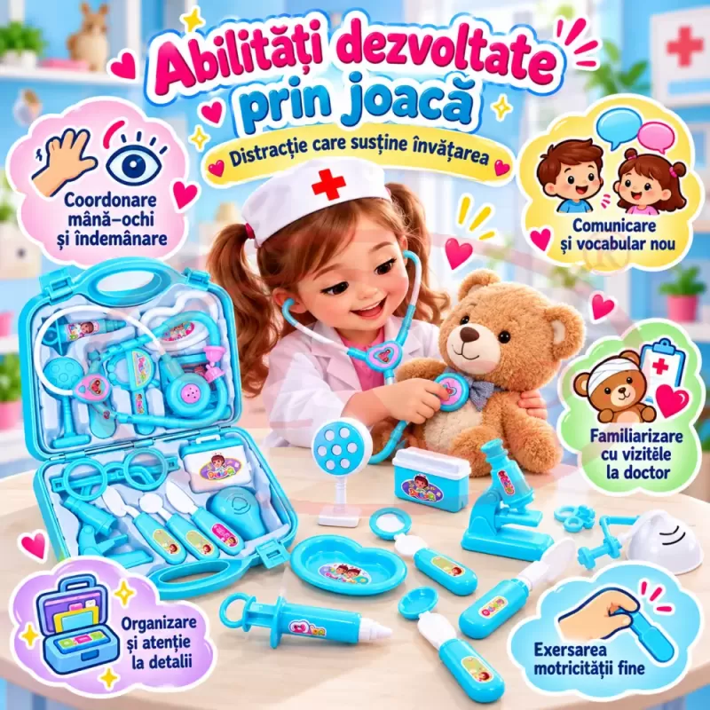 Trusa medicala de jucarie pentru copii, set doctor cu 14 piese, stetoscop si valiza