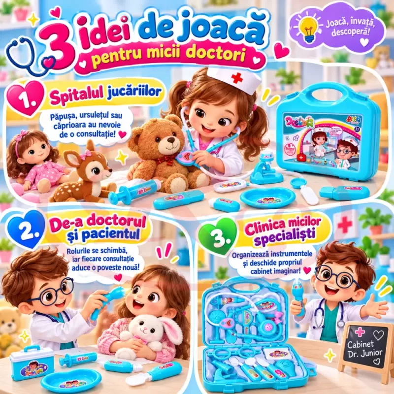 Trusa medicala de jucarie pentru copii, set doctor cu 14 piese, stetoscop si valiza