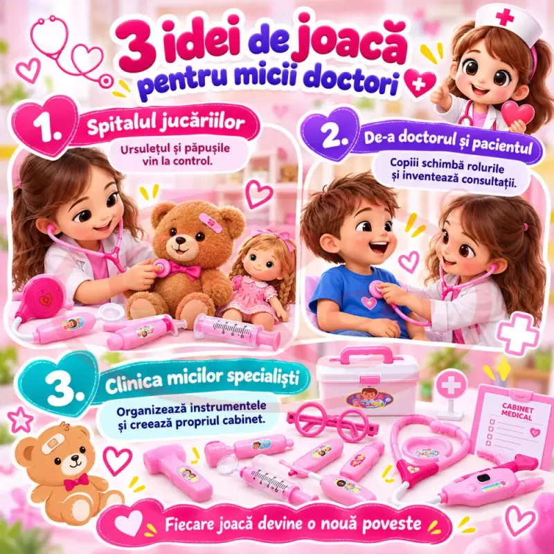 Trusa medicala de jucarie pentru copii, set doctor cu 14 piese, stetoscop si valiza