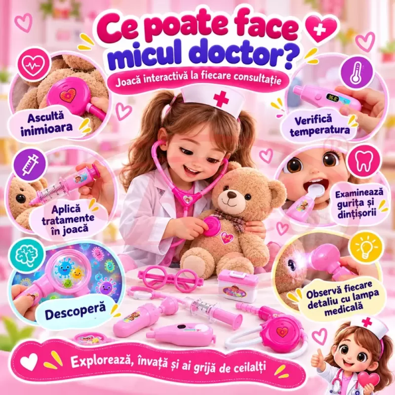 Trusa medicala de jucarie pentru copii, set doctor cu 14 piese, stetoscop si valiza