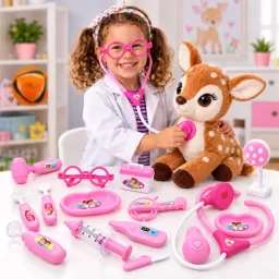 Trusa medicala de jucarie pentru copii, set doctor 16 piese cu stetoscop, roz, 3 ani+