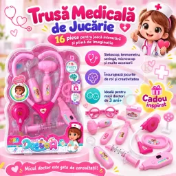 Trusa medicala de jucarie pentru copii, set doctor 16 piese cu stetoscop, roz, 3 ani+