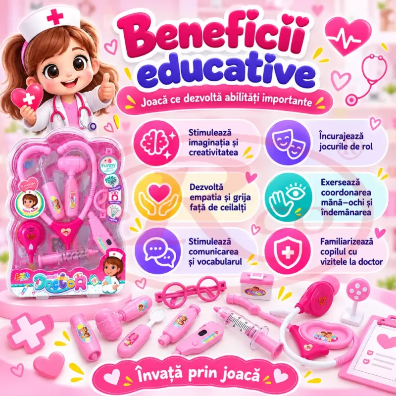 Trusa medicala de jucarie pentru copii, set doctor cu 14 piese, stetoscop si valiza