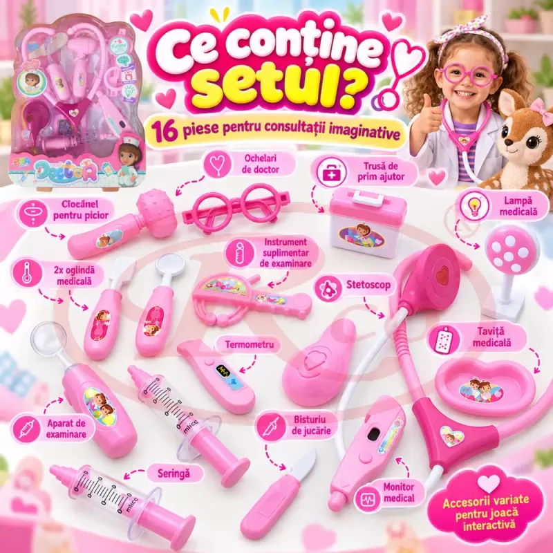 Trusa medicala de jucarie pentru copii, set doctor cu 14 piese, stetoscop si valiza