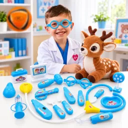 Trusa medicala de jucarie pentru copii, set doctor 16 piese cu stetoscop, turcoaz, 3 ani+