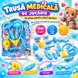 Trusa medicala de jucarie pentru copii, set doctor 16 piese cu stetoscop, turcoaz, 3 ani+