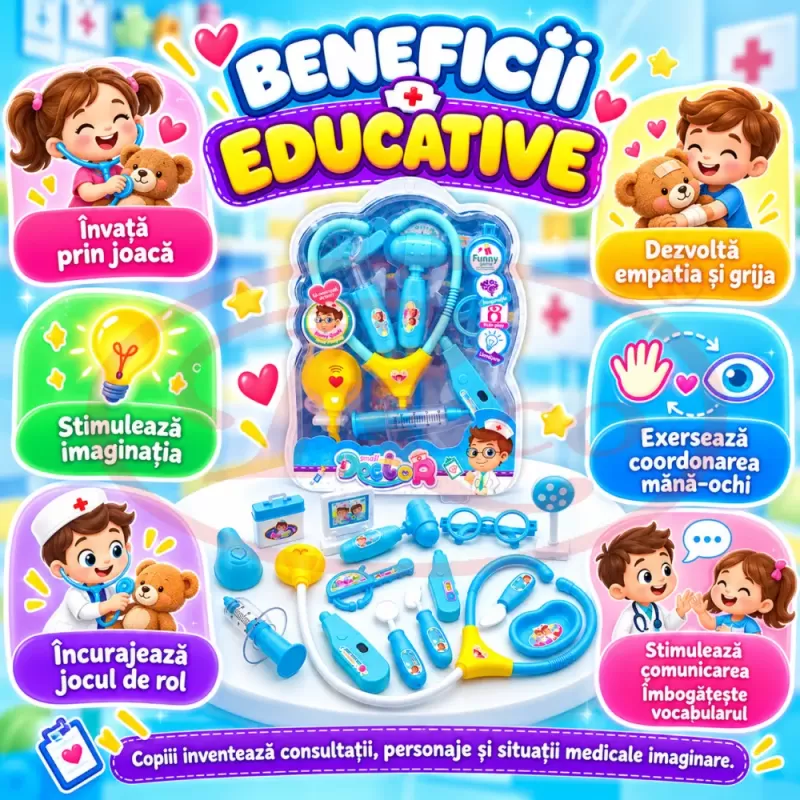 Trusa medicala de jucarie pentru copii, set doctor cu 14 piese, stetoscop si valiza