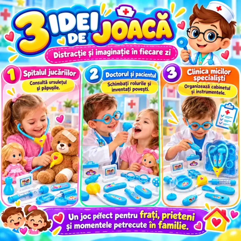 Trusa medicala de jucarie pentru copii, set doctor cu 14 piese, stetoscop si valiza