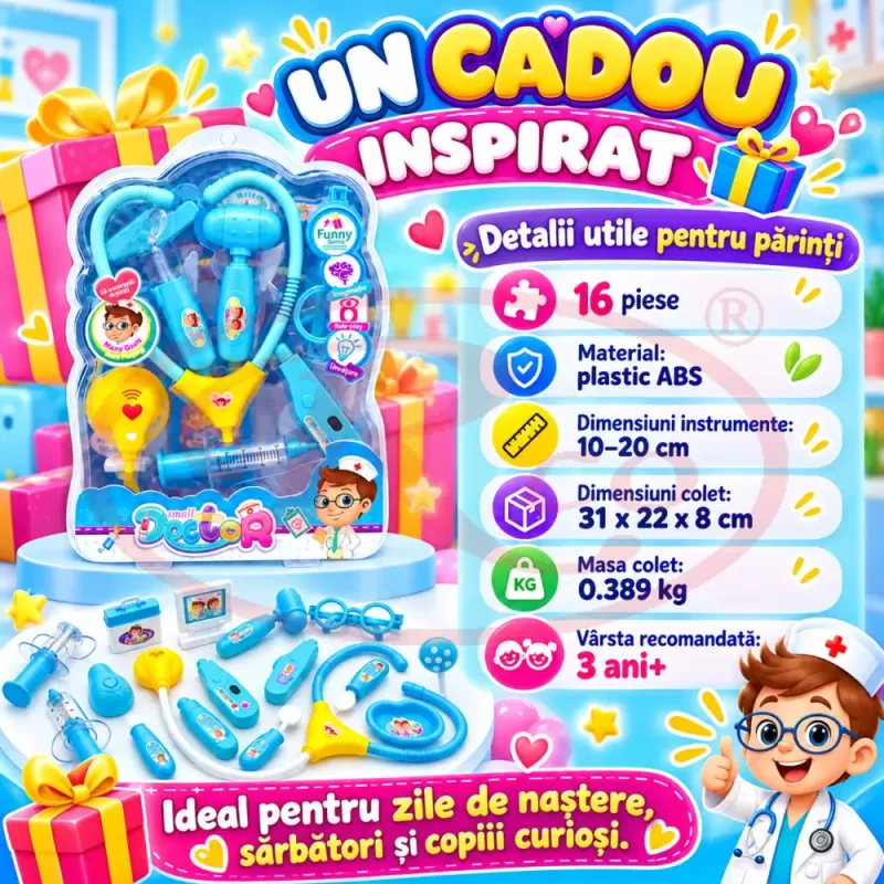 Trusa medicala de jucarie pentru copii, set doctor cu 14 piese, stetoscop si valiza
