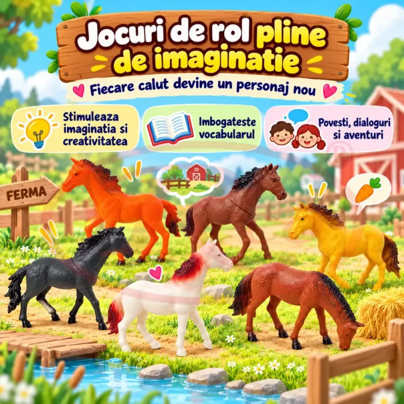 Set 6 figurine cai si caluti de jucarie multicolori pentru copii de peste 3 ani