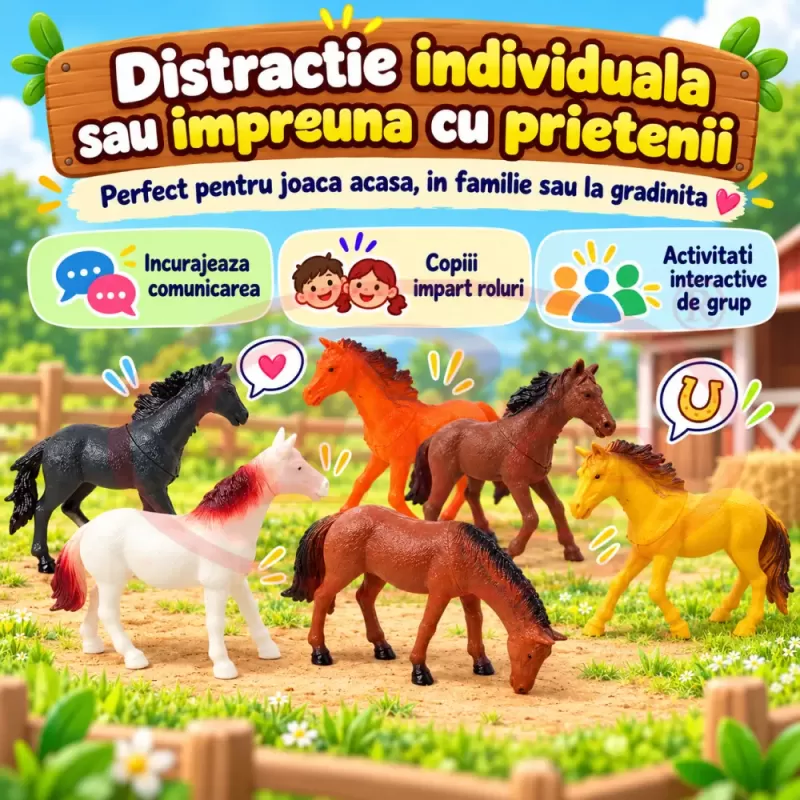 Set 6 figurine cai si caluti de jucarie multicolori pentru copii de peste 3 ani