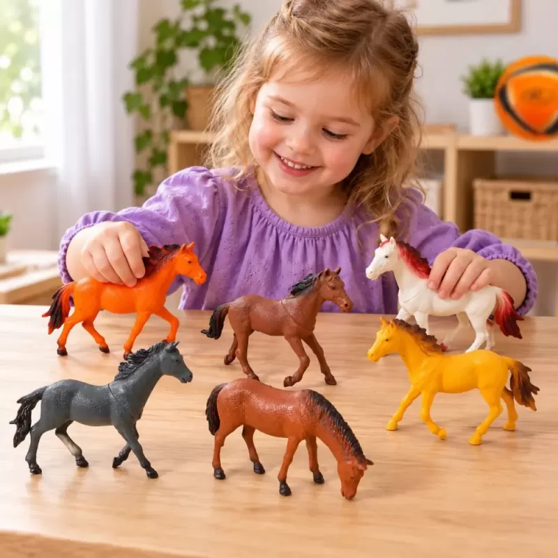 Set 6 figurine cai si caluti de jucarie multicolori pentru copii de peste 3 ani