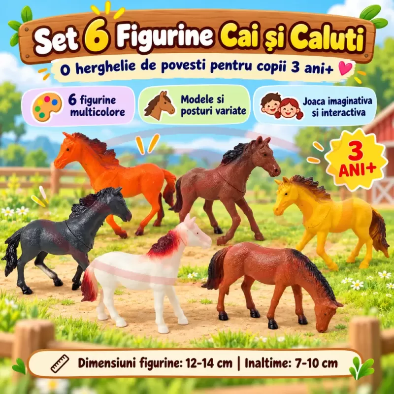 Set 6 figurine cai si caluti de jucarie multicolori pentru copii de peste 3 ani