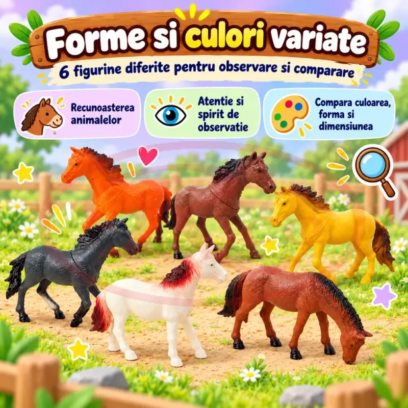 Set 6 figurine cai si caluti de jucarie multicolori pentru copii de peste 3 ani