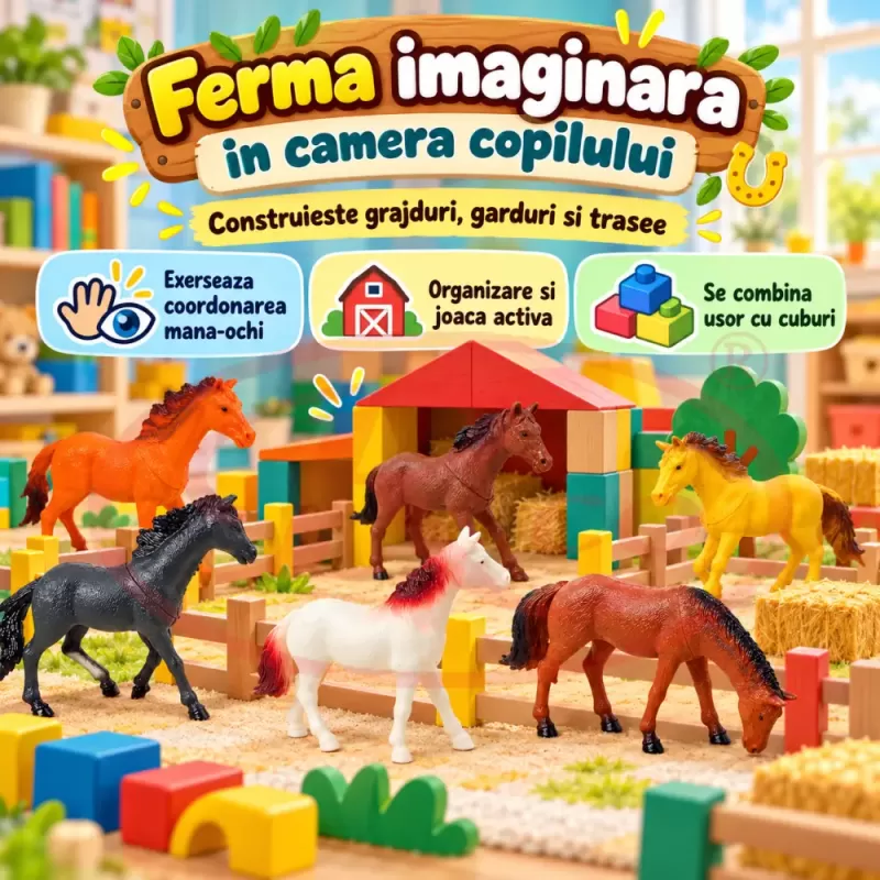 Set 6 figurine cai si caluti de jucarie multicolori pentru copii de peste 3 ani