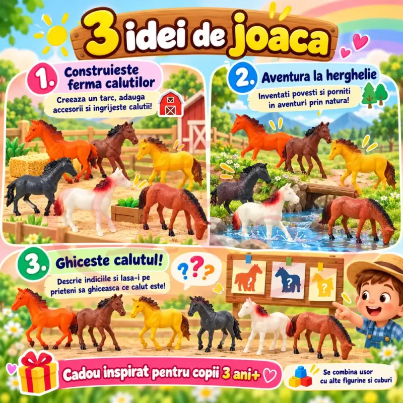 Set 6 figurine cai si caluti de jucarie multicolori pentru copii de peste 3 ani