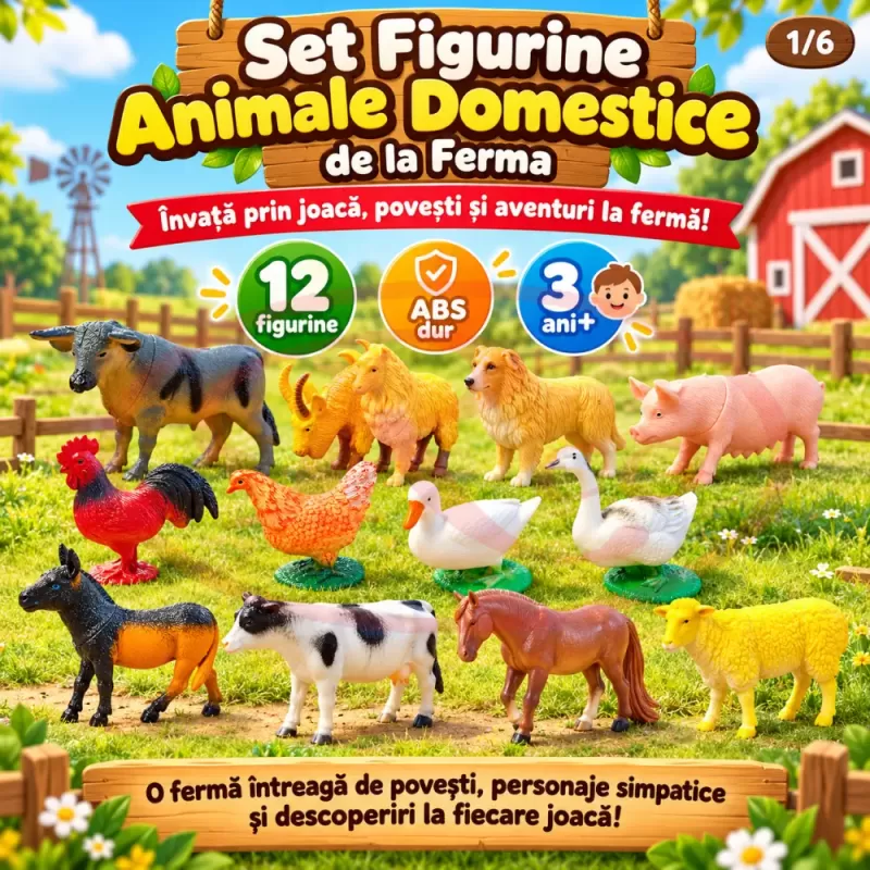 Set 12 figurine animale de la ferma pentru copii, cu vaca, cal, cocos, oaie si alte animale domestice