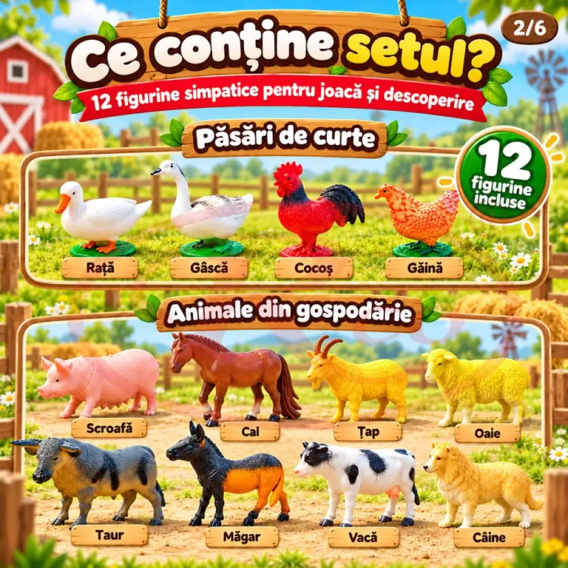 Set 12 figurine animale de la ferma pentru copii, cu vaca, cal, cocos, oaie si alte animale domestice