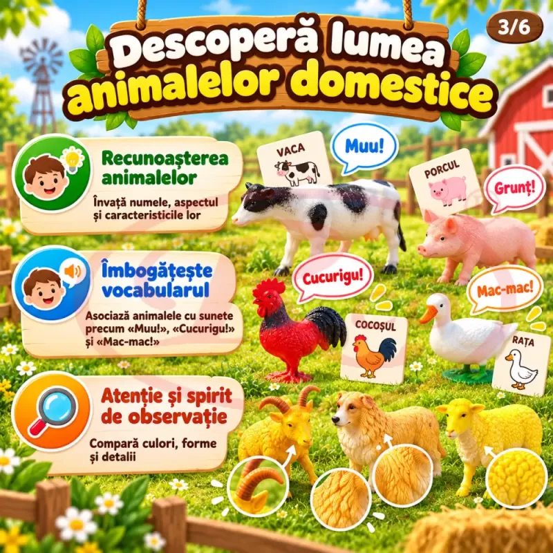 Set 12 figurine animale de la ferma pentru copii, cu vaca, cal, cocos, oaie si alte animale domestice