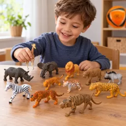 Set 12 figurine animale salbatice safari, leu, elefant, girafa si alte animale, 3 ani+