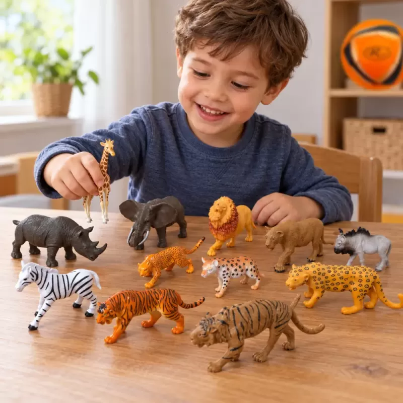 Set 12 figurine animale salbatice safari pentru copii, cu lei, tigri, elefant, girafa si zebra