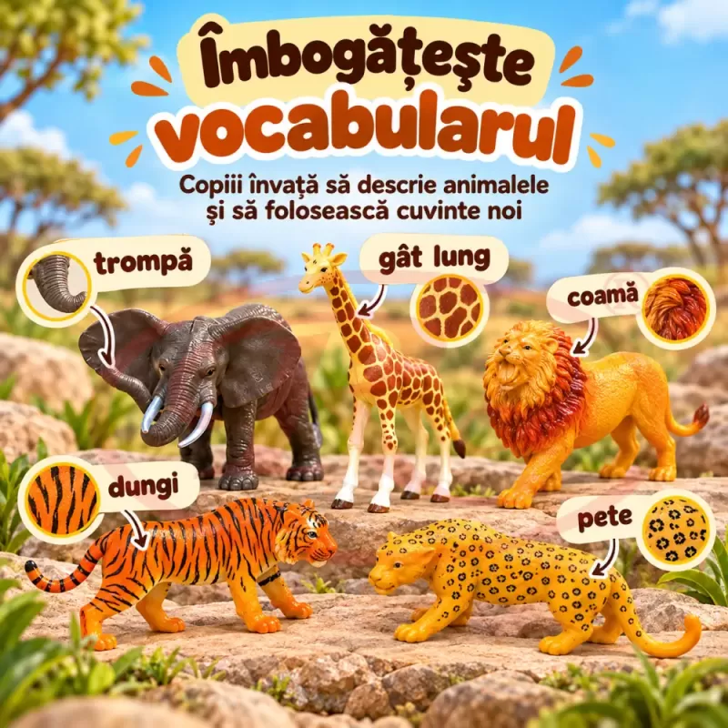 Set 12 figurine animale salbatice safari pentru copii, cu lei, tigri, elefant, girafa si zebra