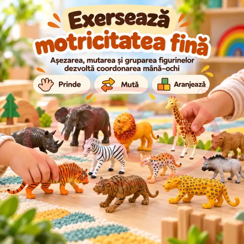 Set 12 figurine animale salbatice safari pentru copii, cu lei, tigri, elefant, girafa si zebra