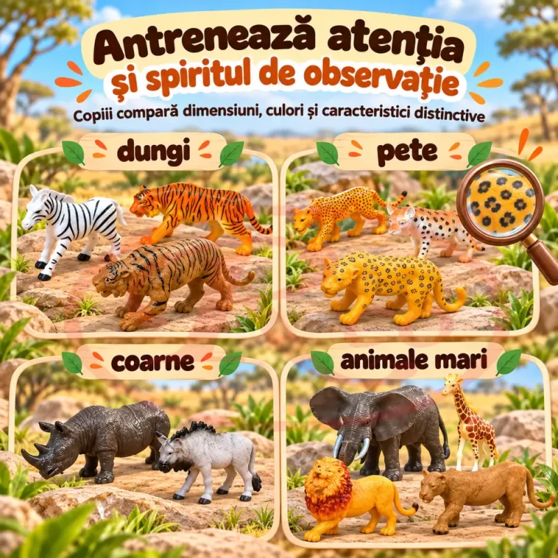 Set 12 figurine animale salbatice safari pentru copii, cu lei, tigri, elefant, girafa si zebra