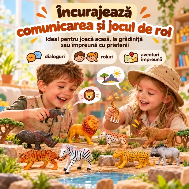 Set 12 figurine animale salbatice safari pentru copii, cu lei, tigri, elefant, girafa si zebra