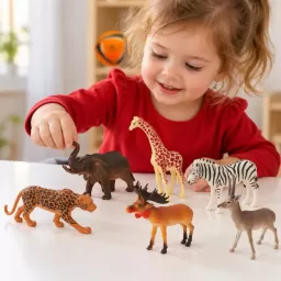 Set 6 figurine animale salbatice, elefant, girafa si alte animale, 3 ani+