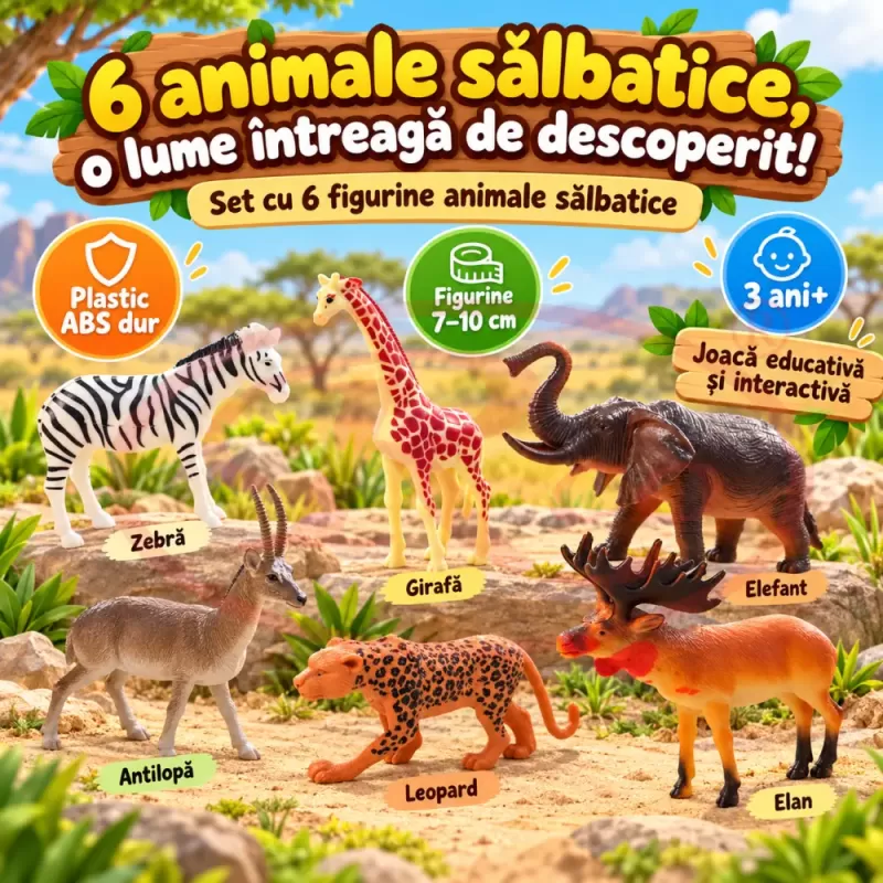 Set 6 figurine animale salbatice pentru copii, cu antilopa, leopard, elefant, girafa si zebra