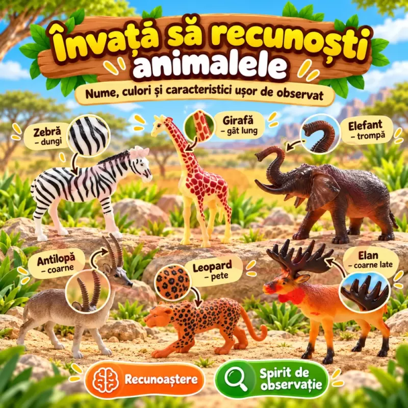 Set 6 figurine animale salbatice pentru copii, cu antilopa, leopard, elefant, girafa si zebra
