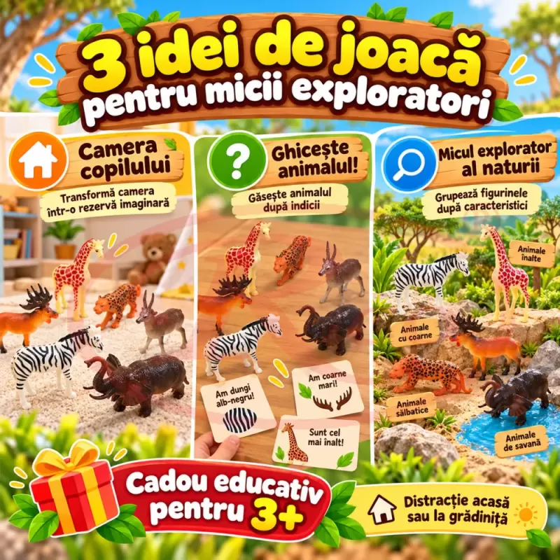 Set 6 figurine animale salbatice pentru copii, cu antilopa, leopard, elefant, girafa si zebra