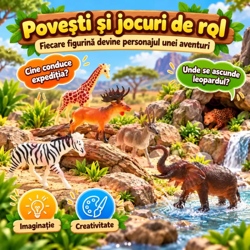 Set 6 figurine animale salbatice pentru copii, cu antilopa, leopard, elefant, girafa si zebra
