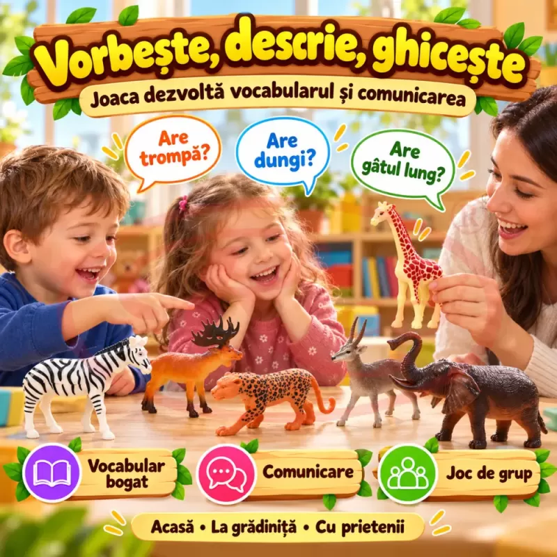 Set 6 figurine animale salbatice pentru copii, cu antilopa, leopard, elefant, girafa si zebra