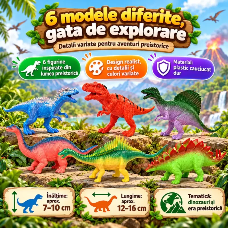 Set cu 6 piese dinozauri si animale preistorice cu aspect realist pentru copii de peste 3 ani