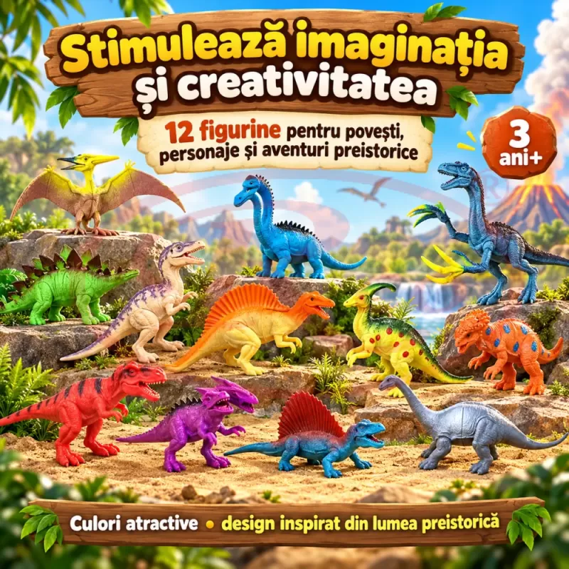Set cu 12 piese dinozauri si animale preistorice cu aspect realist pentru copii de peste 3 ani