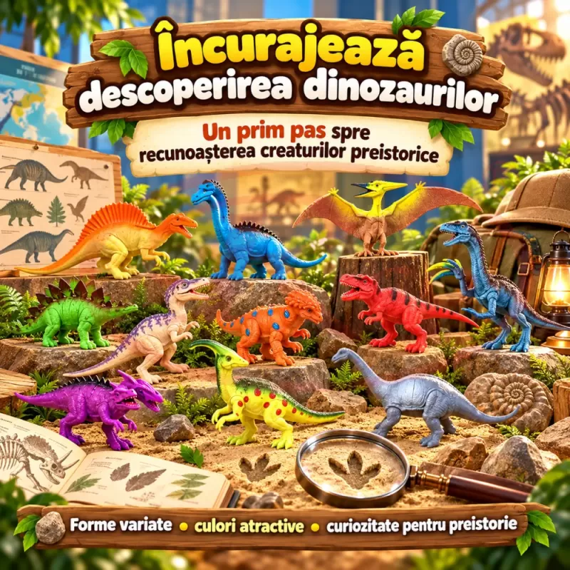 Set cu 12 piese dinozauri si animale preistorice cu aspect realist pentru copii de peste 3 ani