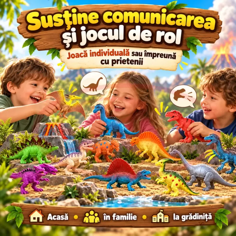 Set cu 12 piese dinozauri si animale preistorice cu aspect realist pentru copii de peste 3 ani