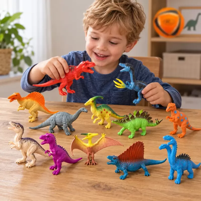 Set cu 12 piese dinozauri si animale preistorice cu aspect realist pentru copii de peste 3 ani
