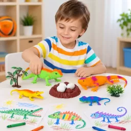 Set 10 piese cu figurine reptile si crocodil, iguane colorate, oua, cuib si vegetatie – Joc educativ pentru copii, 3 ani +
