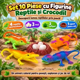 Set 10 piese cu figurine reptile si crocodil, iguane colorate, oua, cuib si vegetatie – Joc educativ pentru copii, 3 ani +