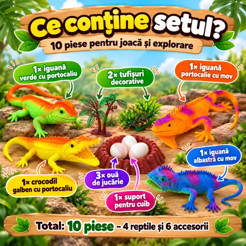 Set 10 piese cu figurine reptile, trei iguane, un crocodil, oua, cuib si tufisuri decorative
