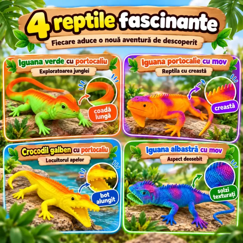 Set 10 piese cu figurine reptile, trei iguane, un crocodil, oua, cuib si tufisuri decorative