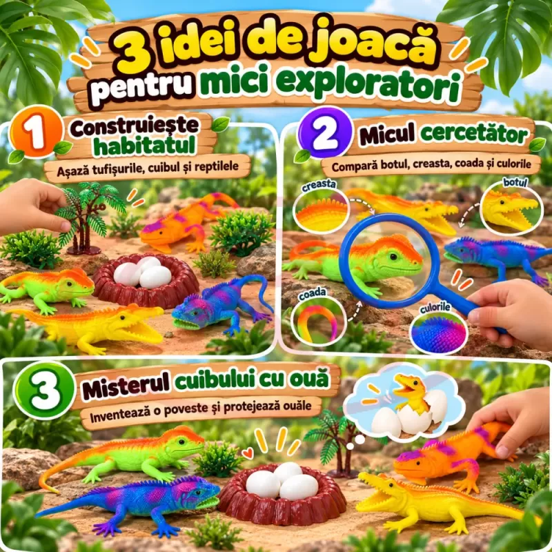 Set 10 piese cu figurine reptile, trei iguane, un crocodil, oua, cuib si tufisuri decorative