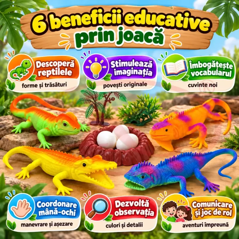 Set 10 piese cu figurine reptile, trei iguane, un crocodil, oua, cuib si tufisuri decorative