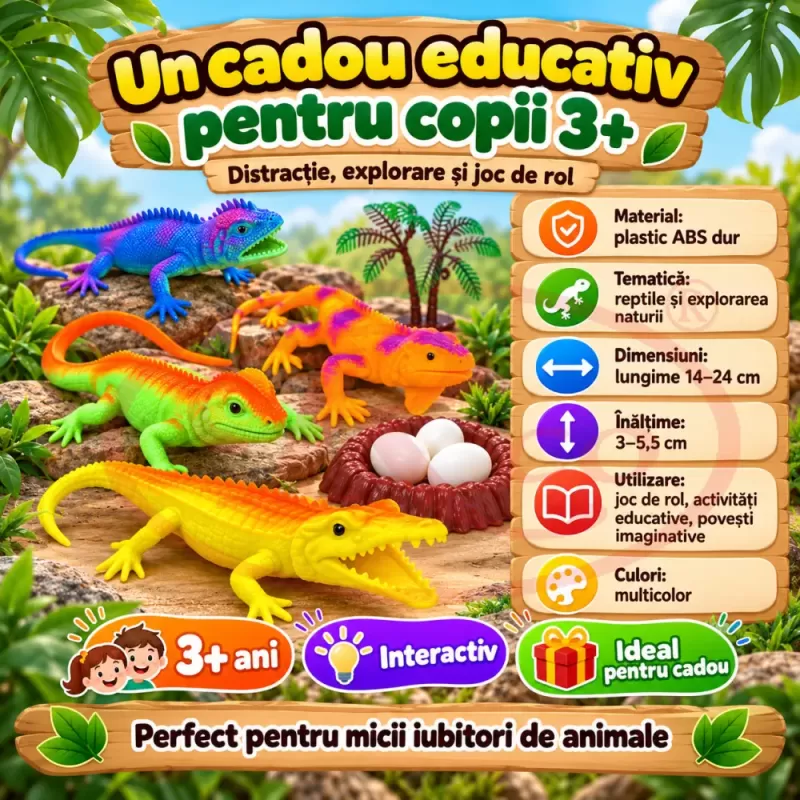 Set 10 piese cu figurine reptile, trei iguane, un crocodil, oua, cuib si tufisuri decorative