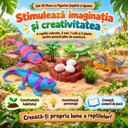 Set 10 piese cu figurine reptile iguane colorate, oua, cuib si vegetatie – Joc educativ pentru copii, 3 ani +